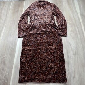 Ming Ying Tokyo Vintage Midi Dress Velvet Mock Neck Animal Print Bronze Black S